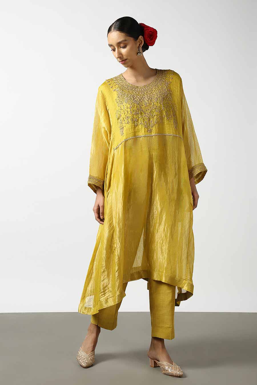 Yellow Banarasi Silk Embroidered Kurta & Pant Set