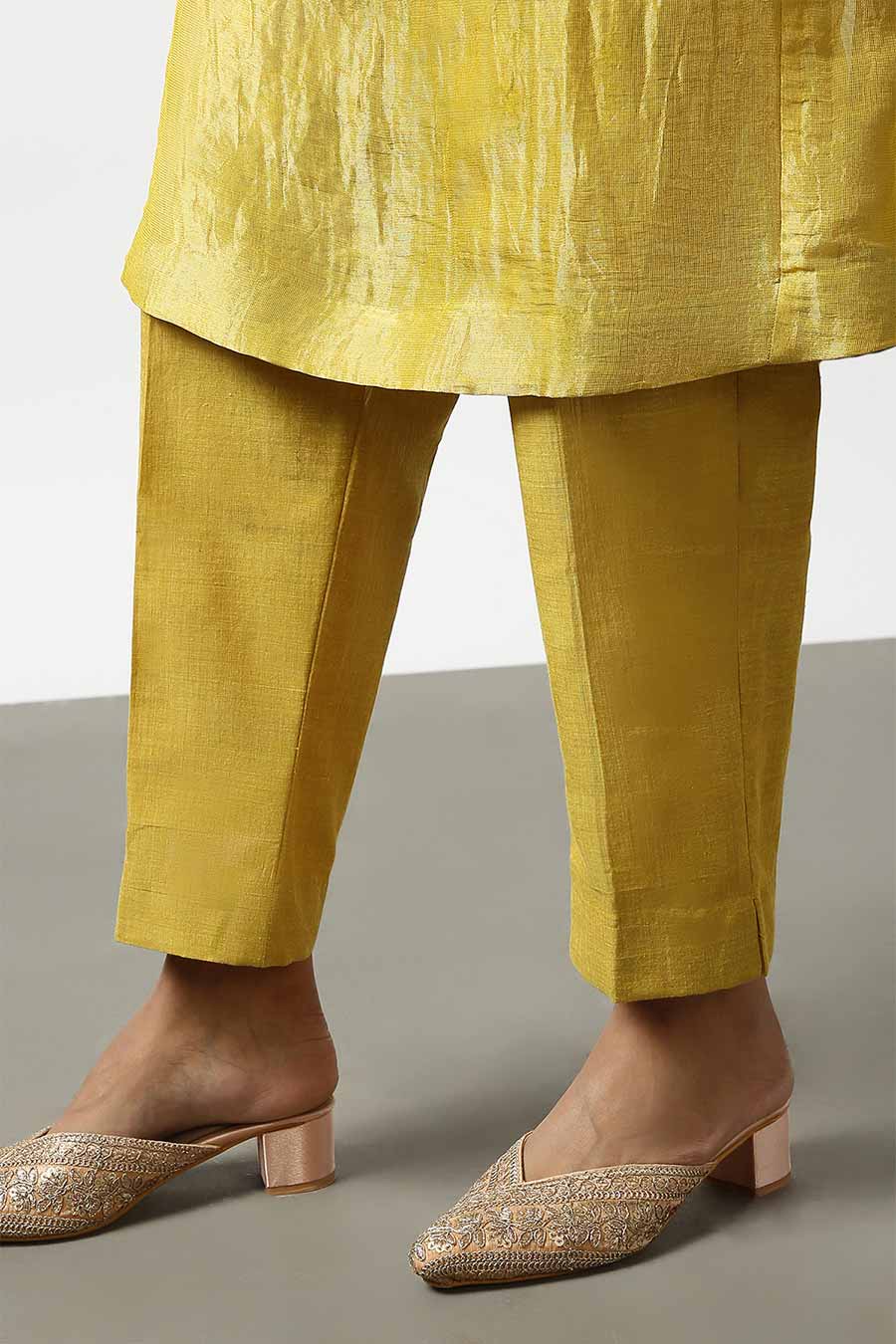 Yellow Banarasi Silk Embroidered Kurta & Pant Set