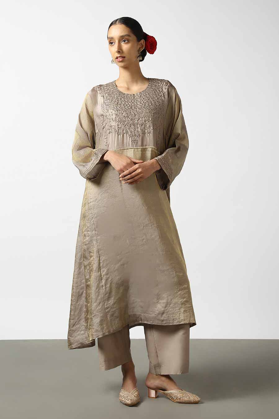 Grey Banarasi Silk Embroidered Kurta & Pant Set
