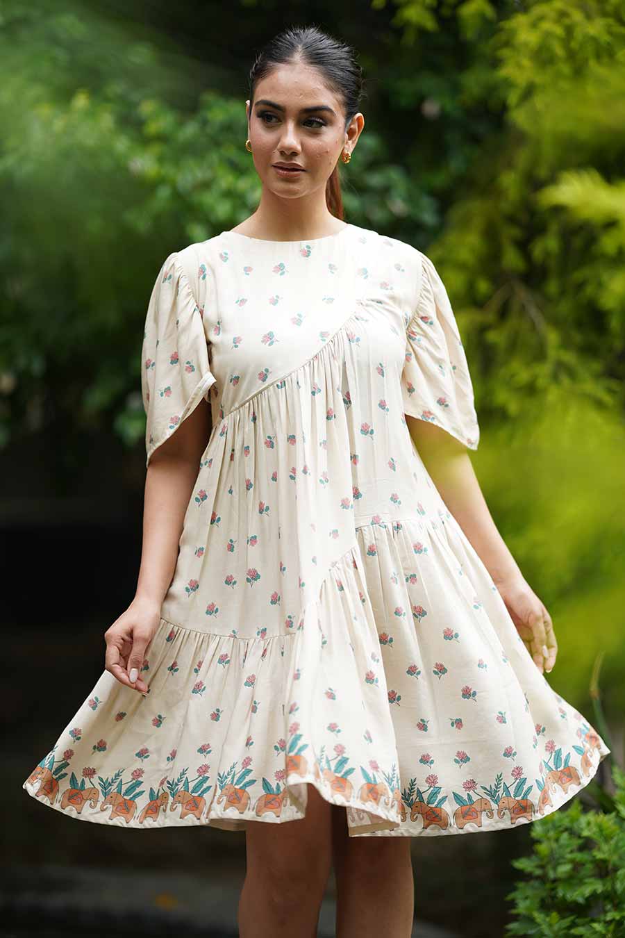 Beige Summer Sand Tulip Sleeve Flare Dress
