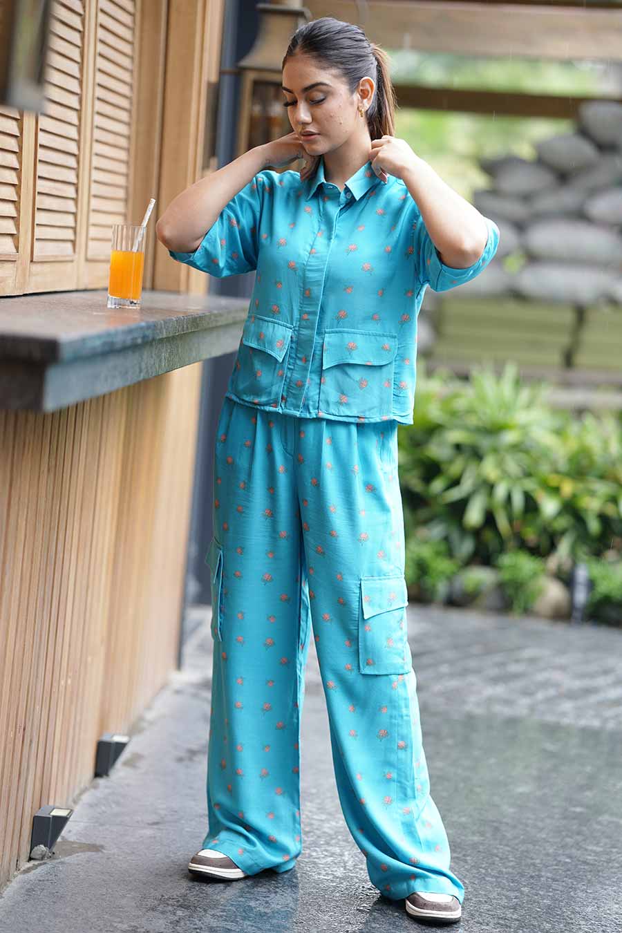 Blue Crop Shirt With Pockets And Cargo Pants