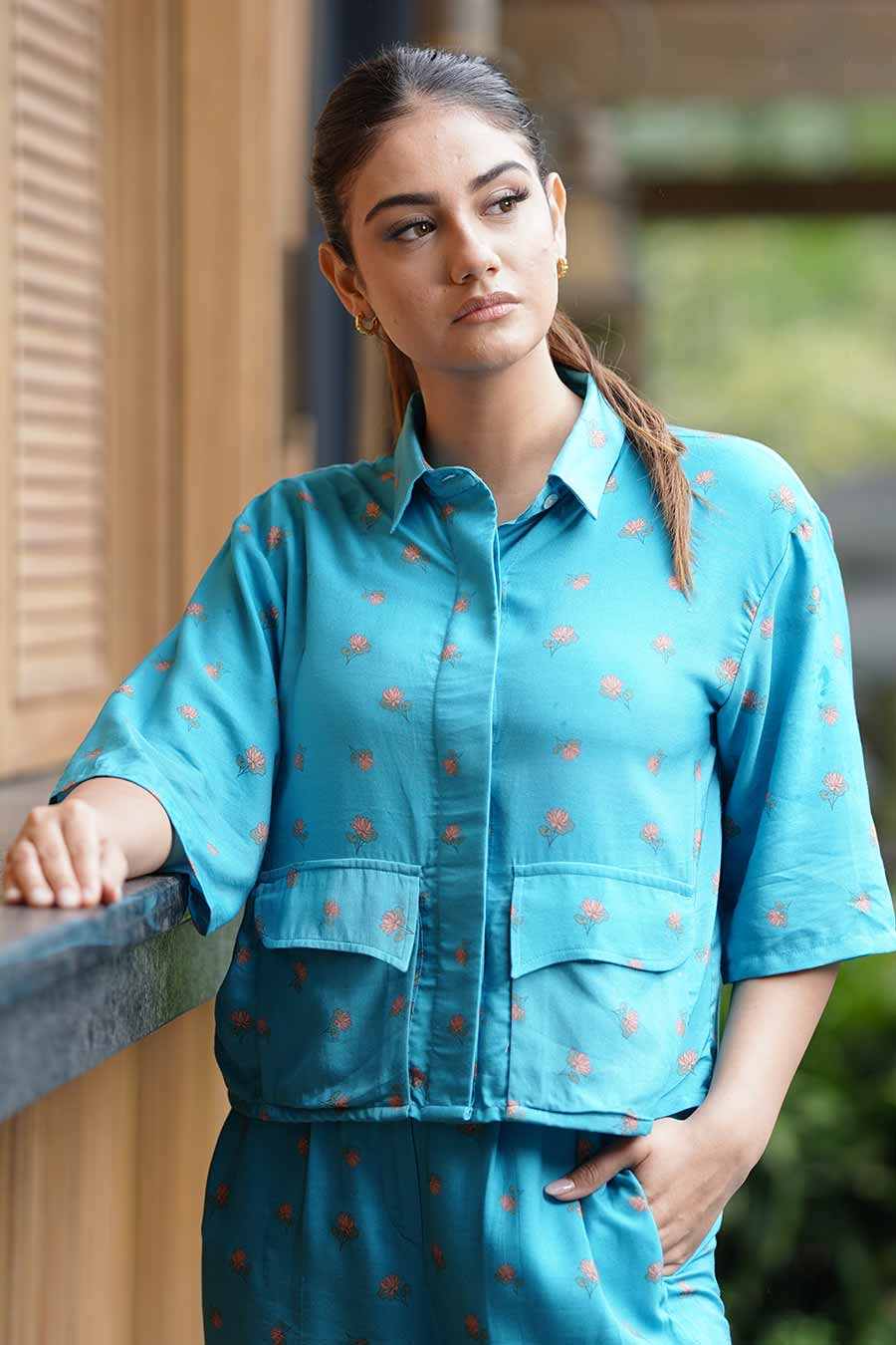 Blue Crop Shirt With Pockets And Cargo Pants