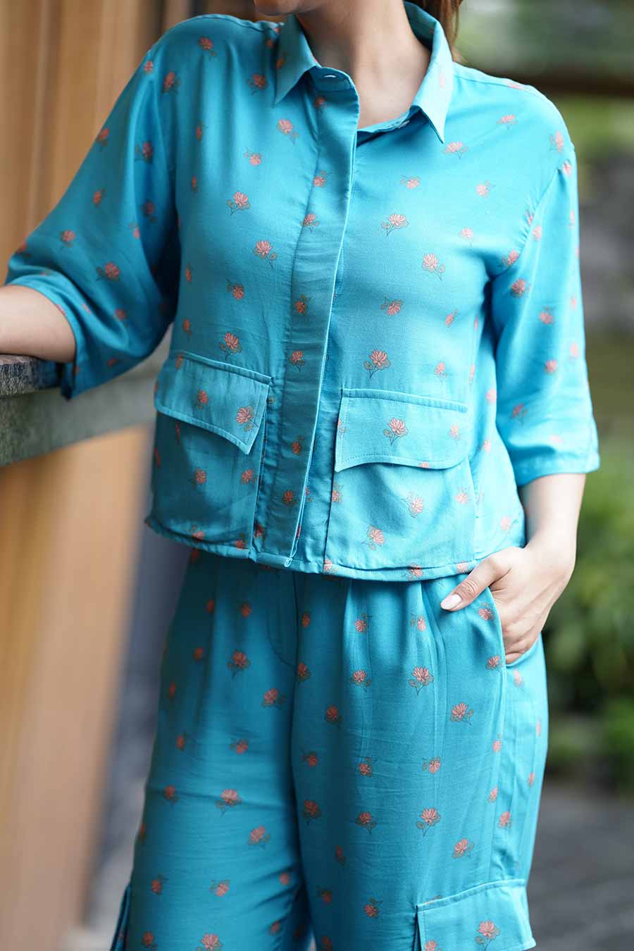 Blue Crop Shirt With Pockets And Cargo Pants