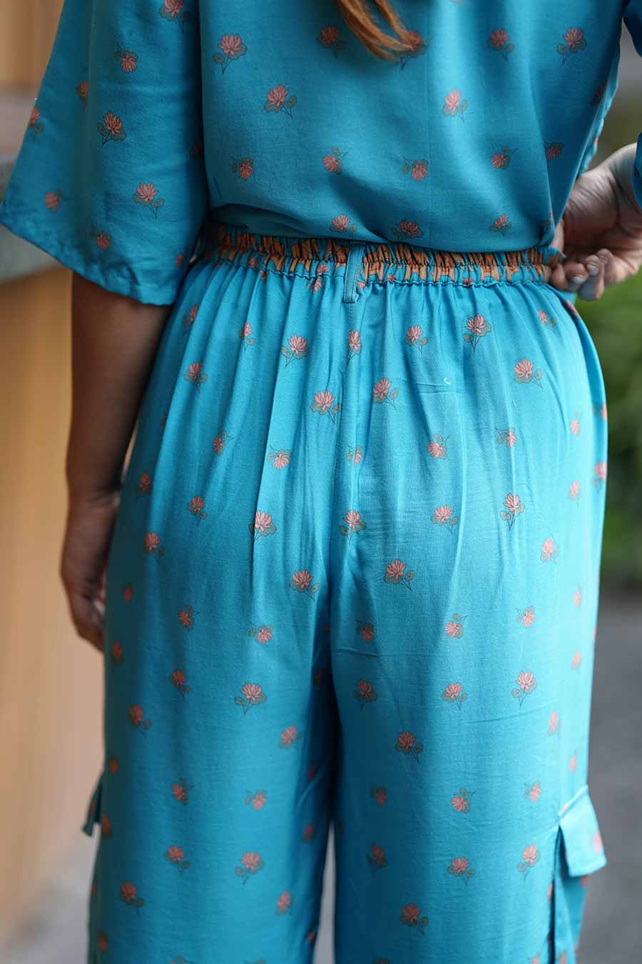 Blue Crop Shirt With Pockets And Cargo Pants