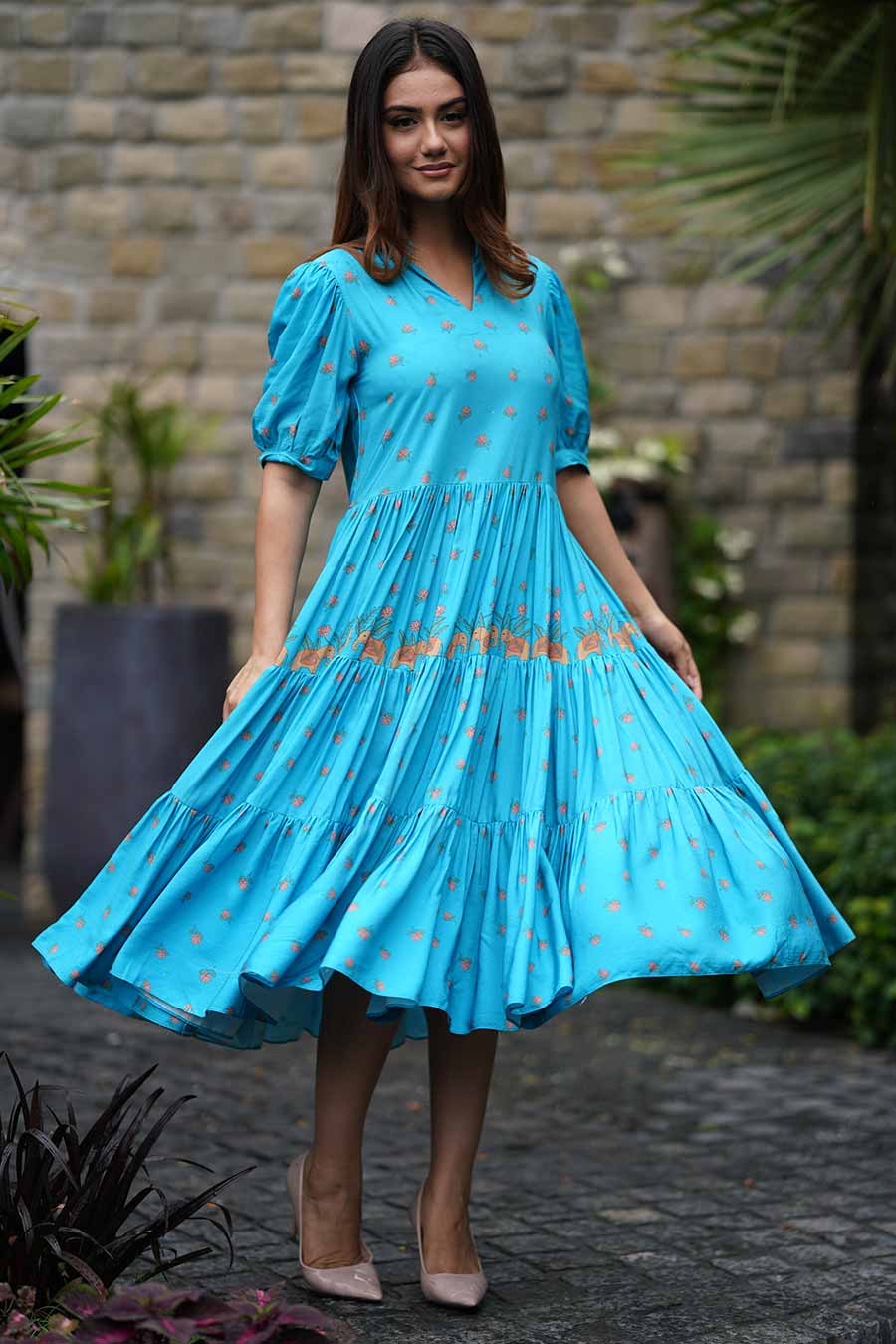 Blue Tiered Flare Dress