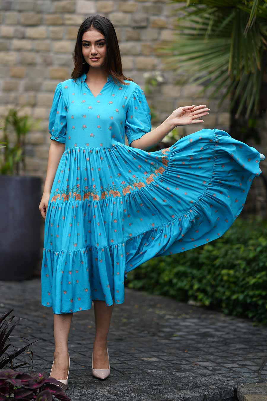 Blue Tiered Flare Dress