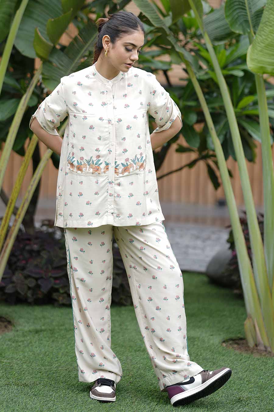 Beige Summer Sand Cinched Sleeves Co-Ord Set