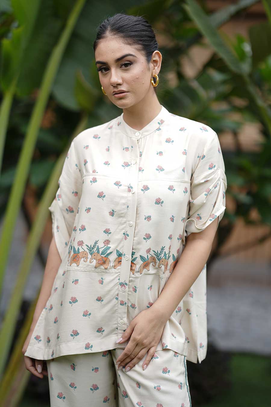 Beige Summer Sand Cinched Sleeves Co-Ord Set