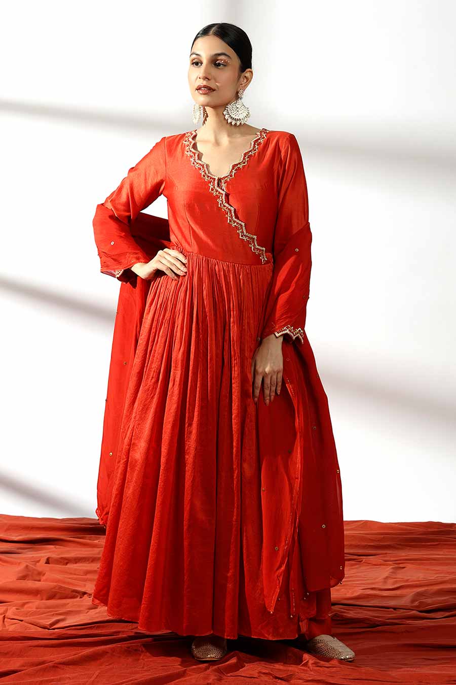 Brick Red Embroidered Angrakha Set