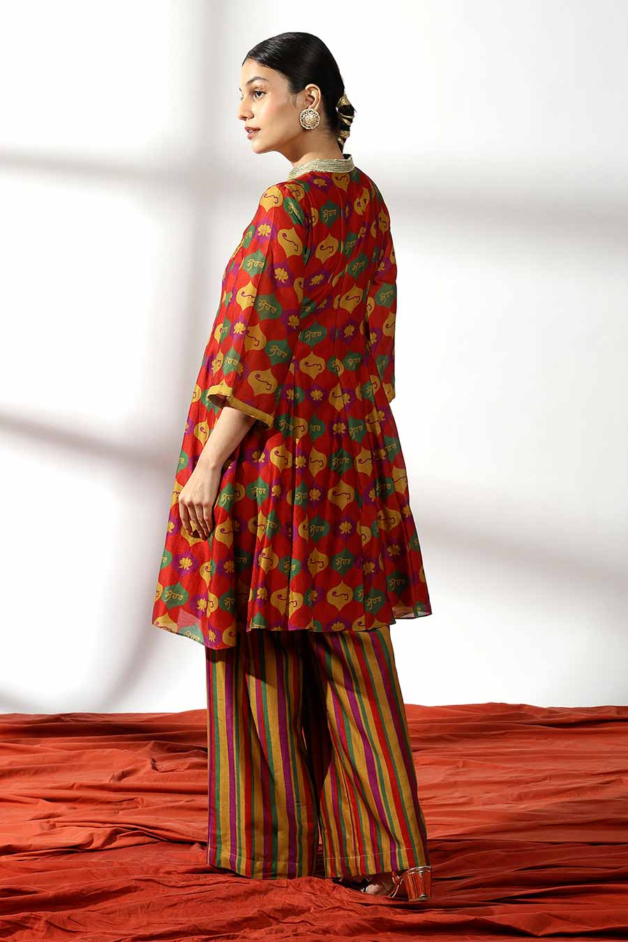 Red Printed Kurta & Striped Palazzo Set