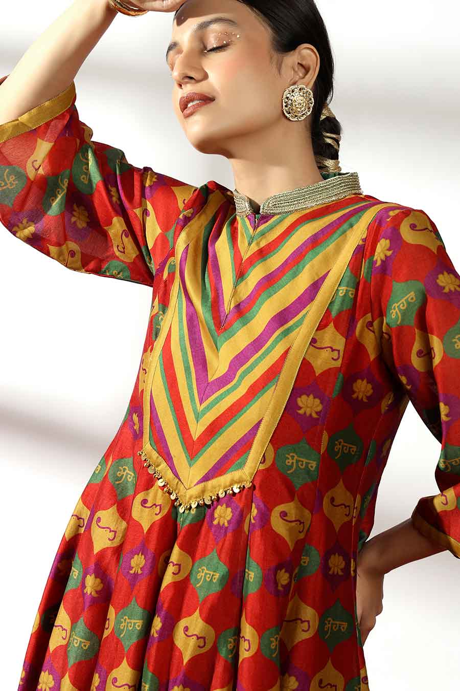 Red Printed Kurta & Striped Palazzo Set