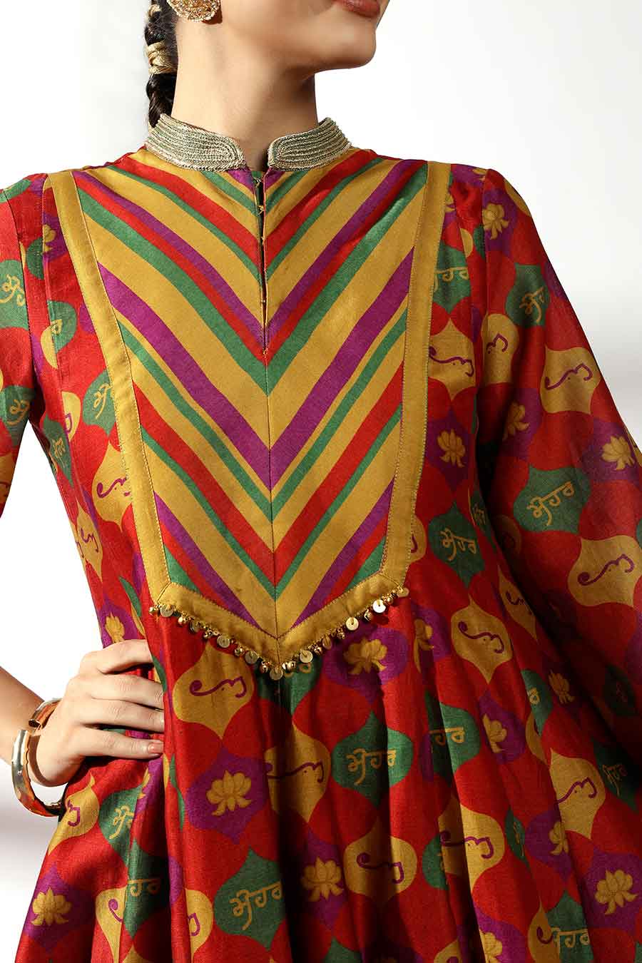 Red Printed Kurta & Striped Palazzo Set