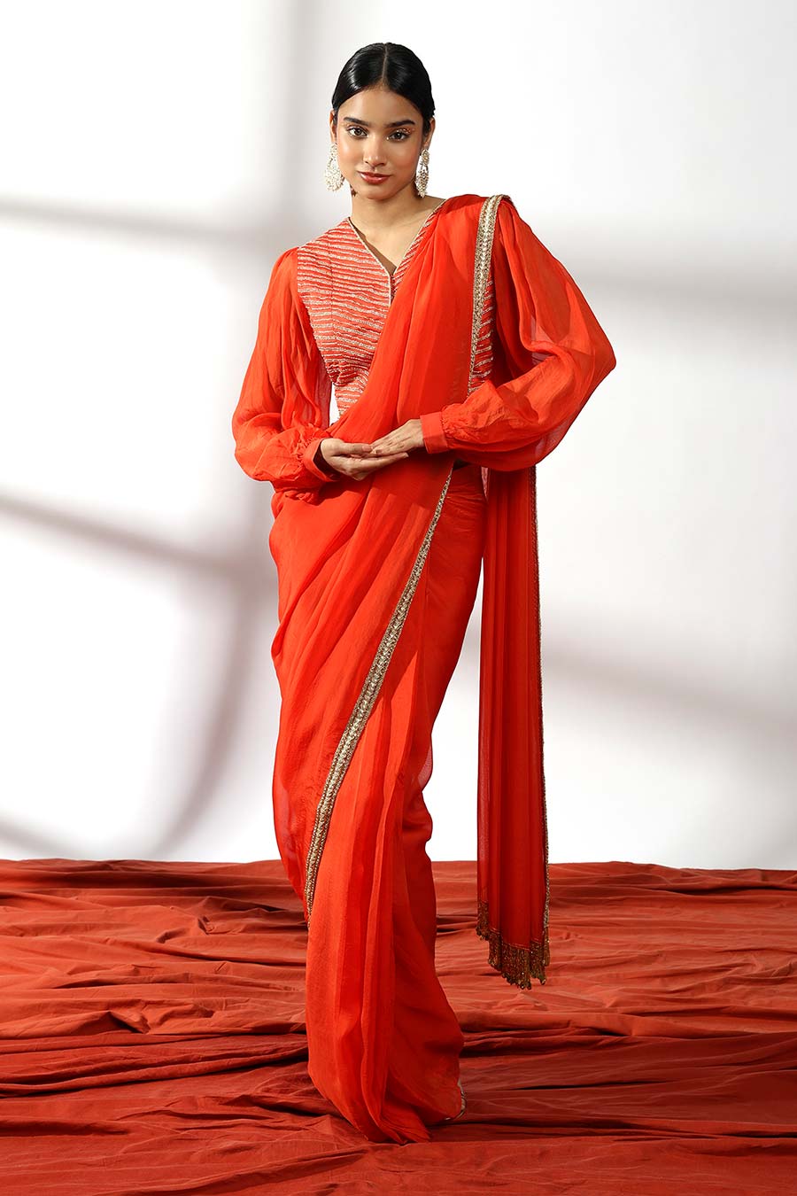 Red Embroidered Pre-Draped Saree & Blouse Set