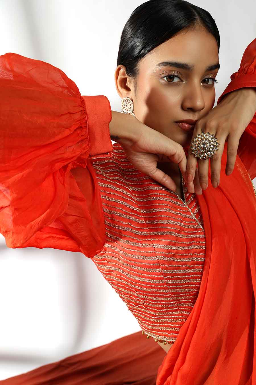 Red Embroidered Pre-Draped Saree & Blouse Set