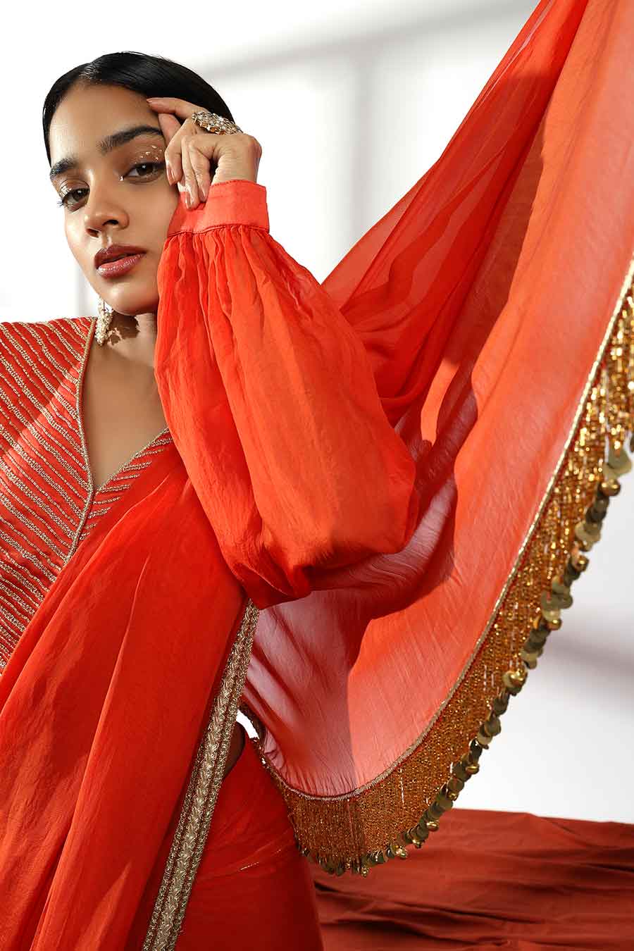 Red Embroidered Pre-Draped Saree & Blouse Set