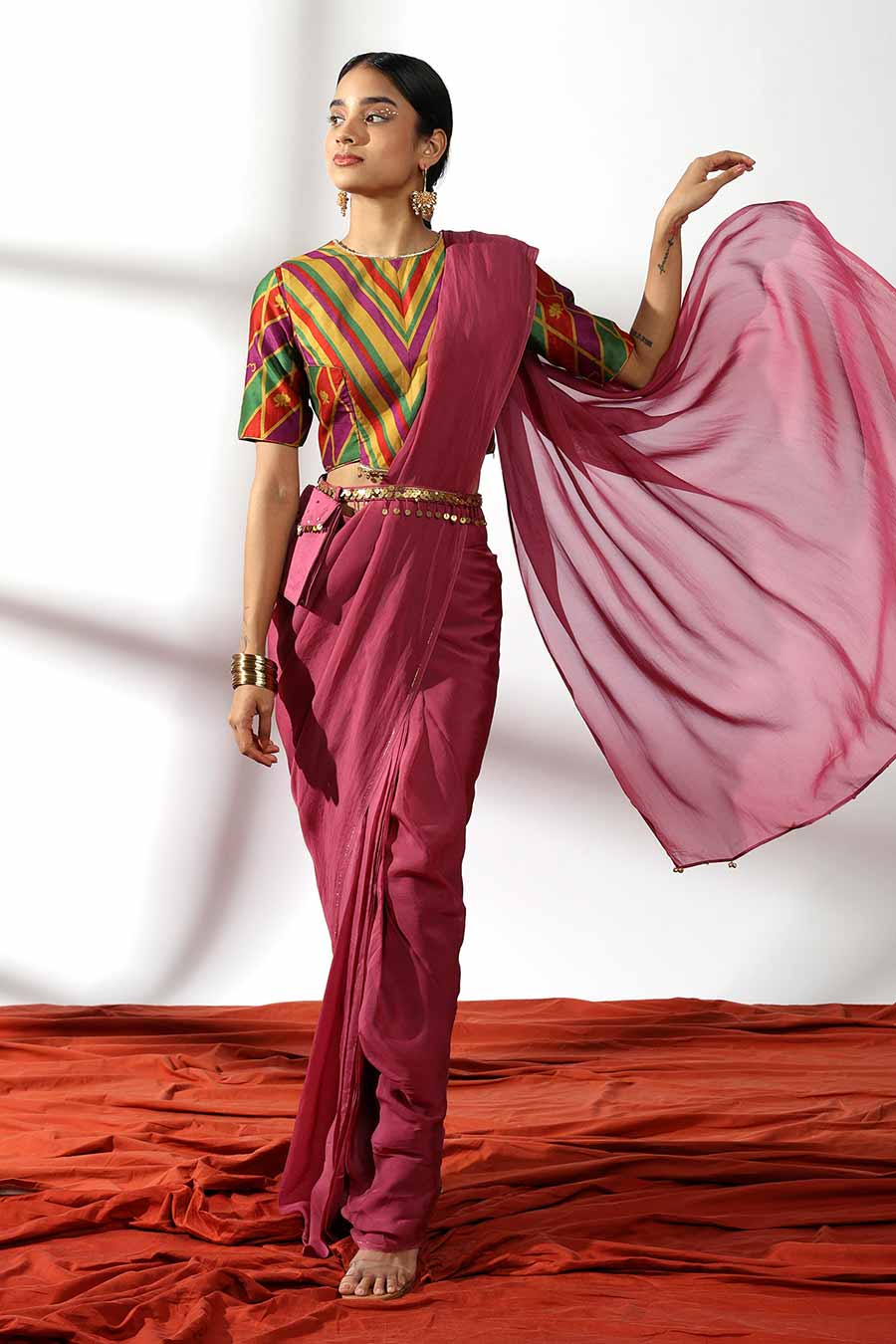 Plum Embellished Pre-Draped Saree & Blouse Set