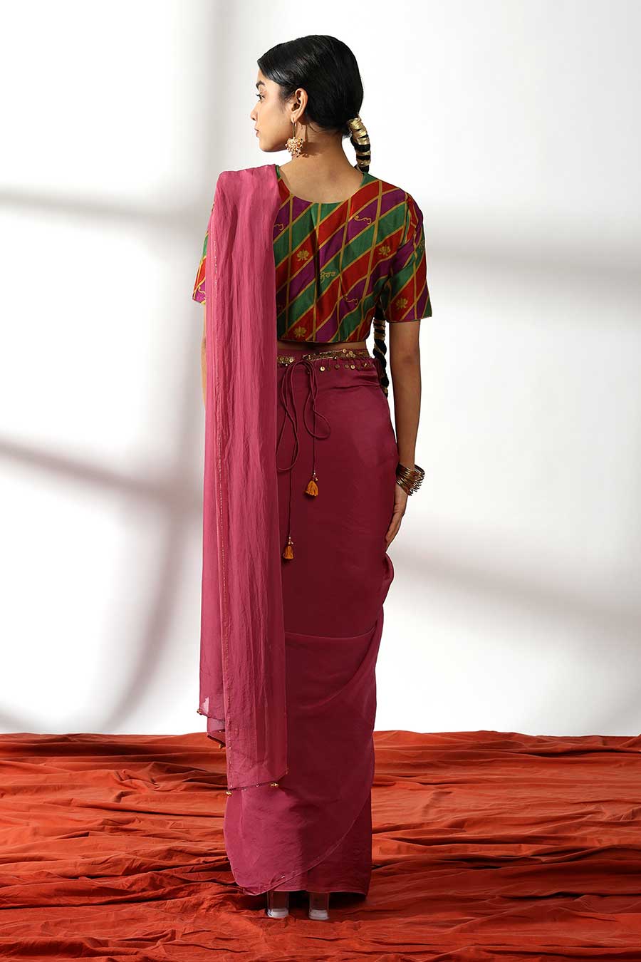 Plum Embellished Pre-Draped Saree & Blouse Set