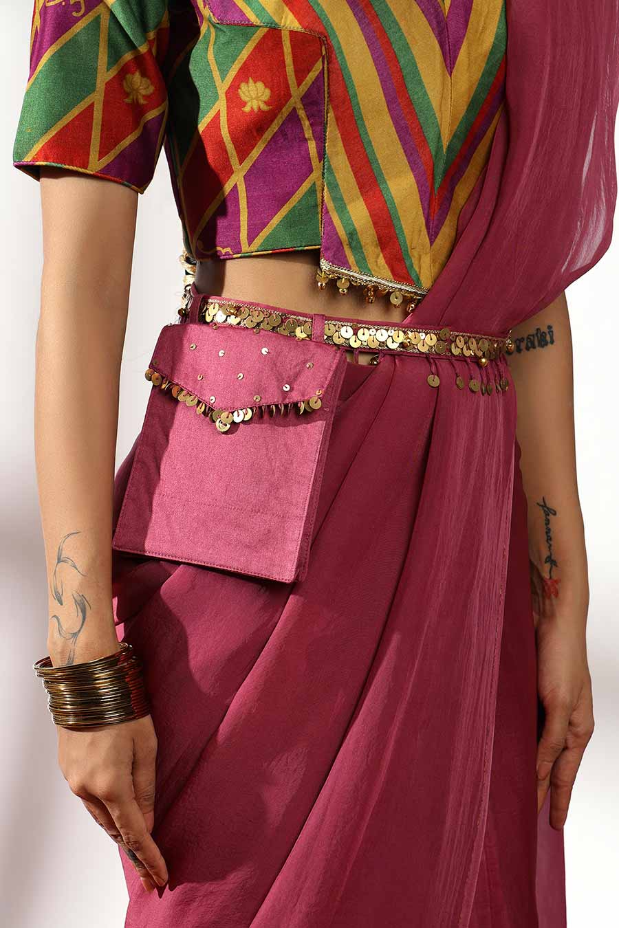 Plum Embellished Pre-Draped Saree & Blouse Set