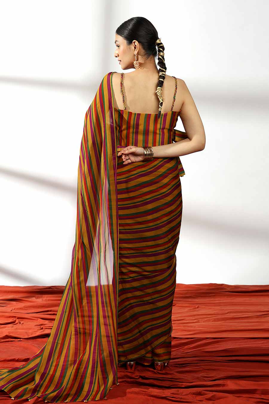 Multicolour Pre-Draped Saree & Wrap Blouse