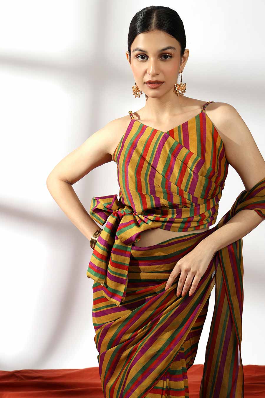 Multicolour Pre-Draped Saree & Wrap Blouse