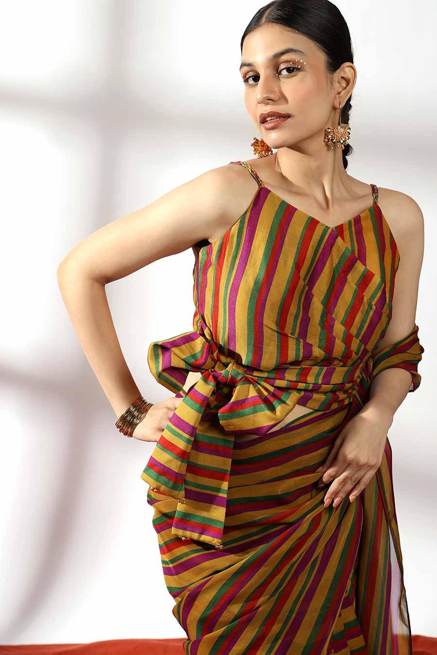 Multicolour Pre-Draped Saree & Wrap Blouse