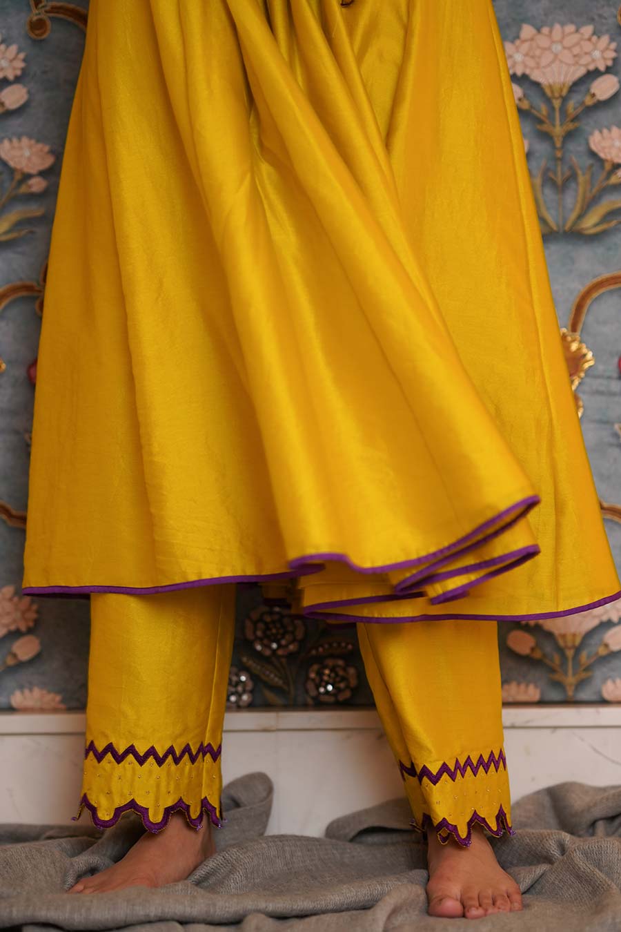 Yellow Embellished Anarkali & Pant Set With Stole