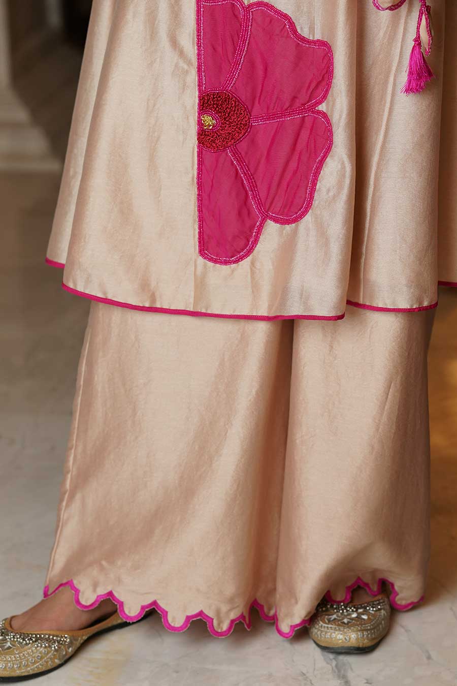 Beige Applique Embroidered Kurta & Pant Set With Stole