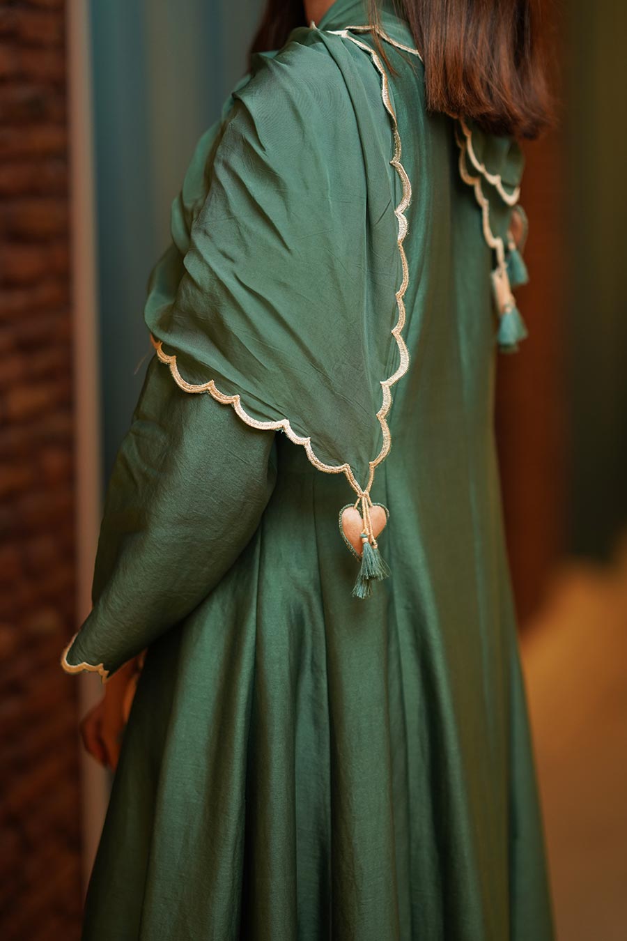 Sage Green Applique Embroidered Kurta & Pant Set With Stole