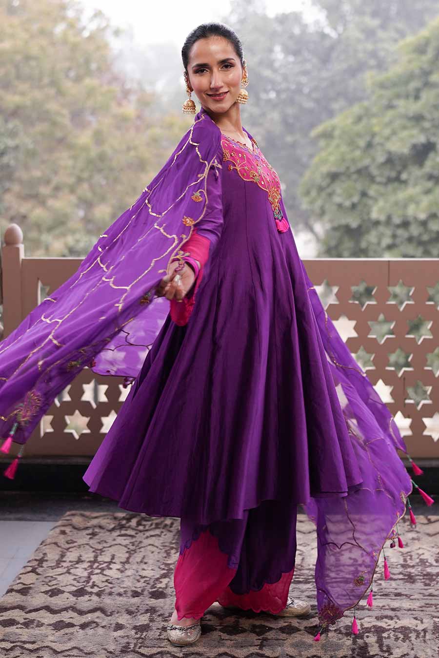 Purple Embroidered Anarkali & Pant Set With Odhni