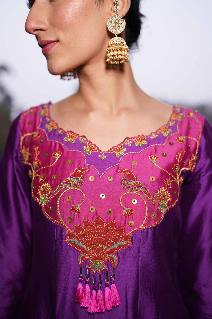 Purple Embroidered Anarkali & Pant Set With Odhni