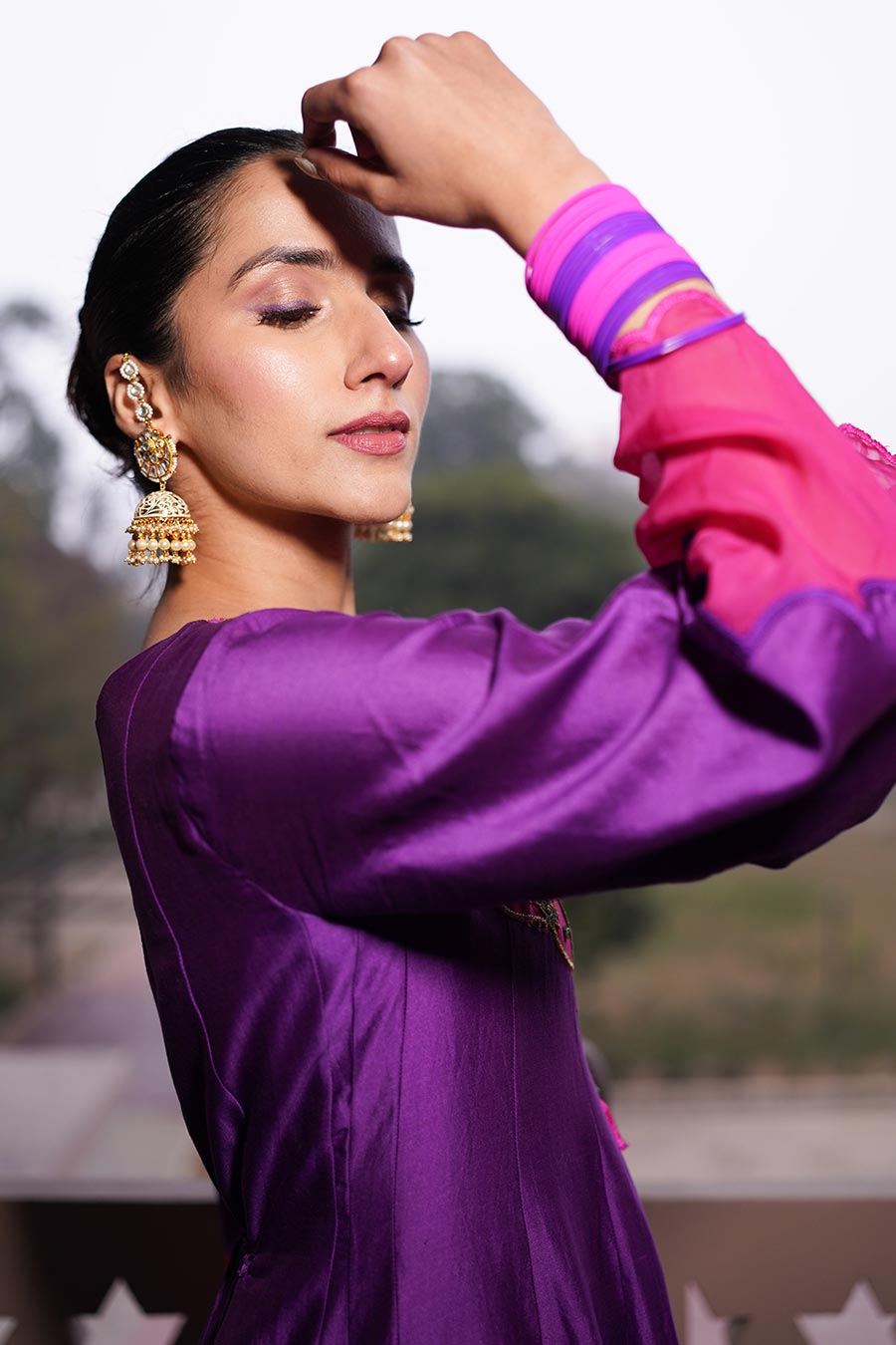 Purple Embroidered Anarkali & Pant Set With Odhni