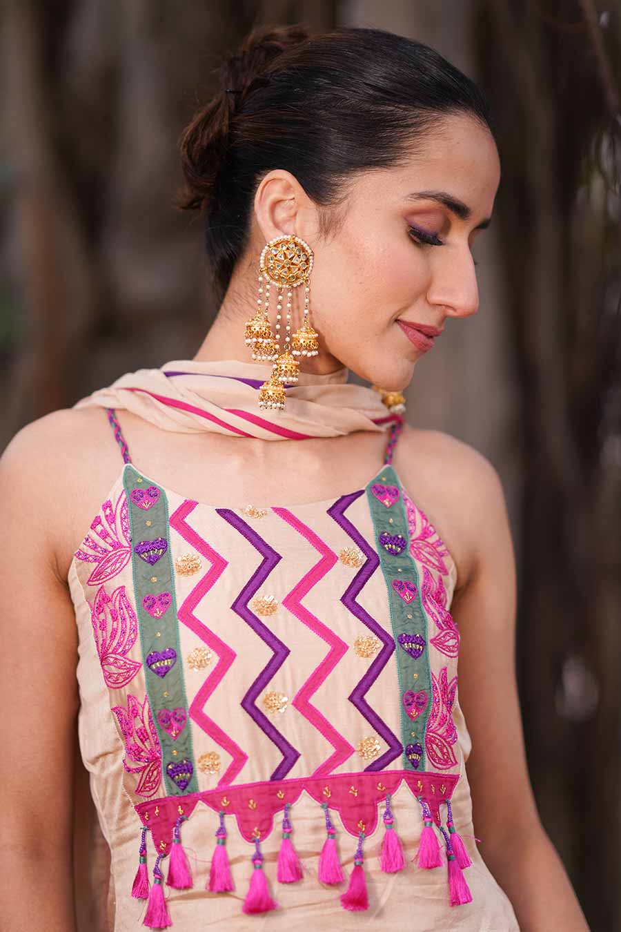 Beige Embroidered Sharara Set