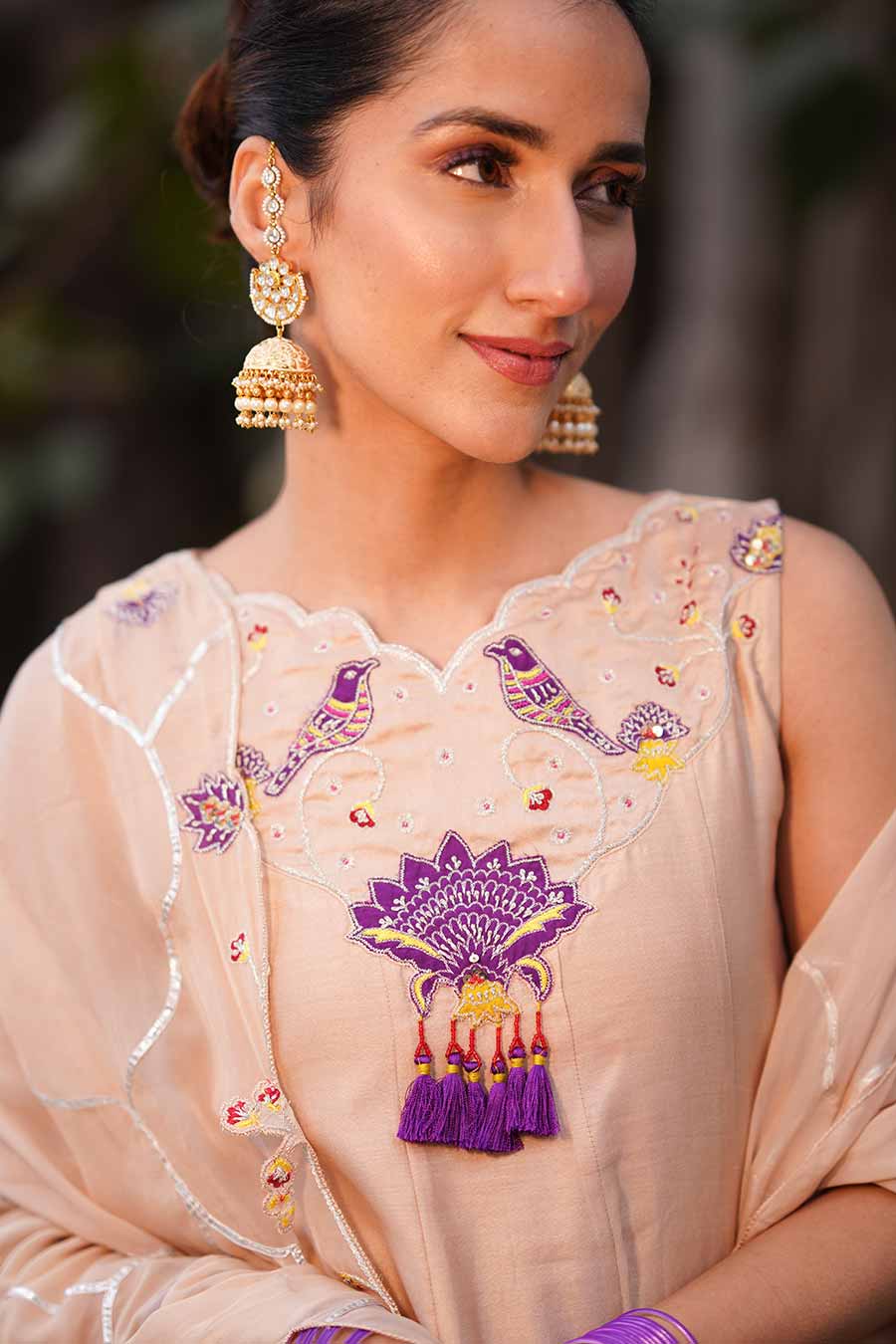 Beige Anarkali & Salwar Set With Odhni