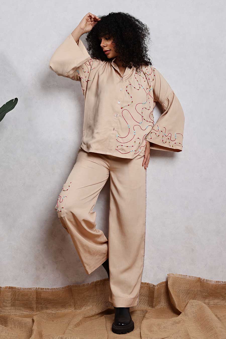 Beige Jute Embroidered Shirt & Pant Co-Ord Set