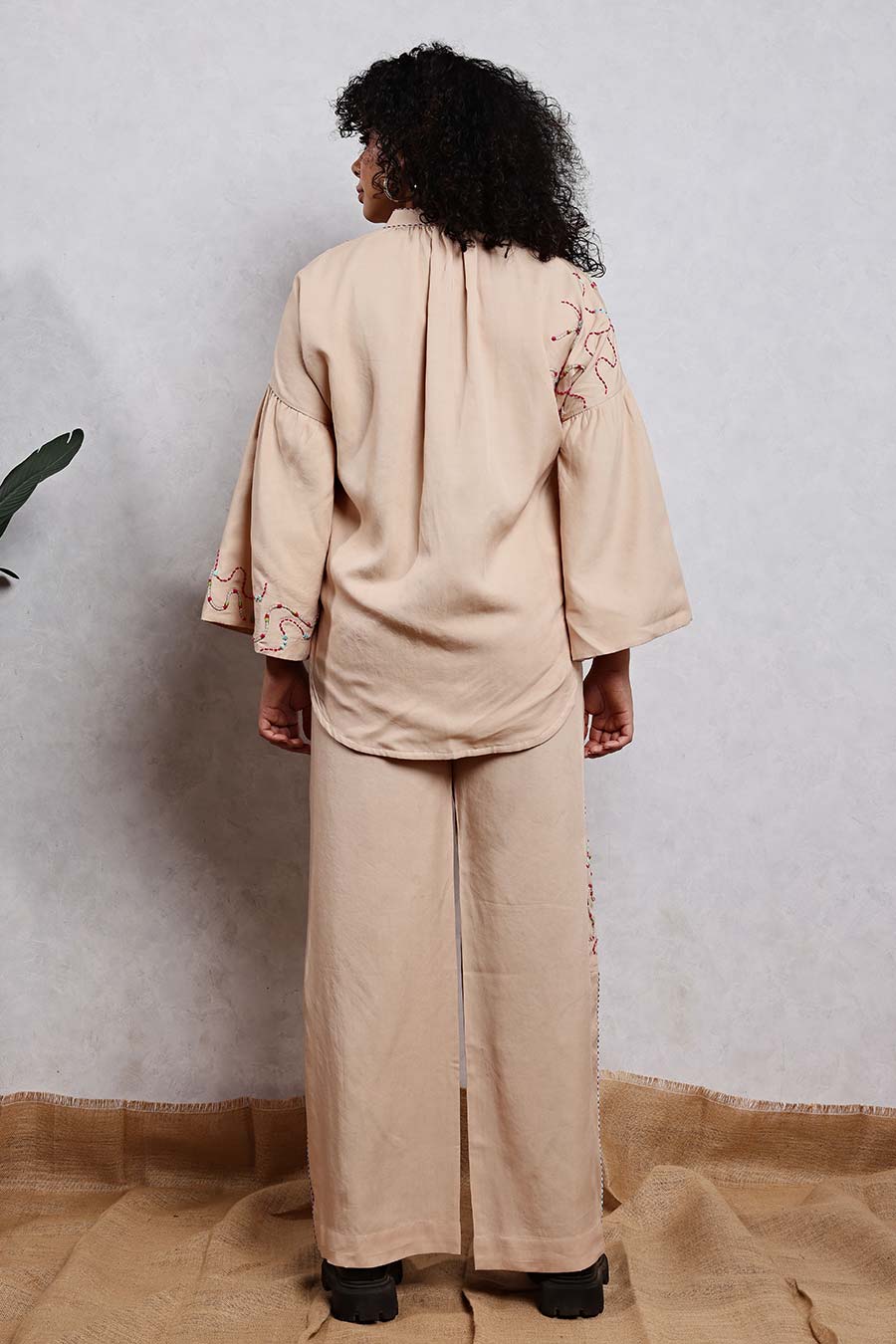 Beige Jute Embroidered Shirt & Pant Co-Ord Set
