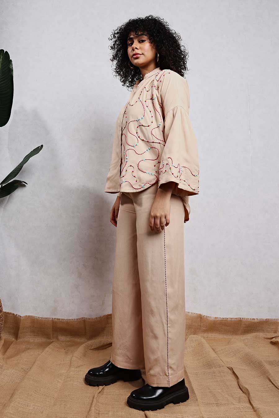 Beige Jute Embroidered Shirt & Pant Co-Ord Set