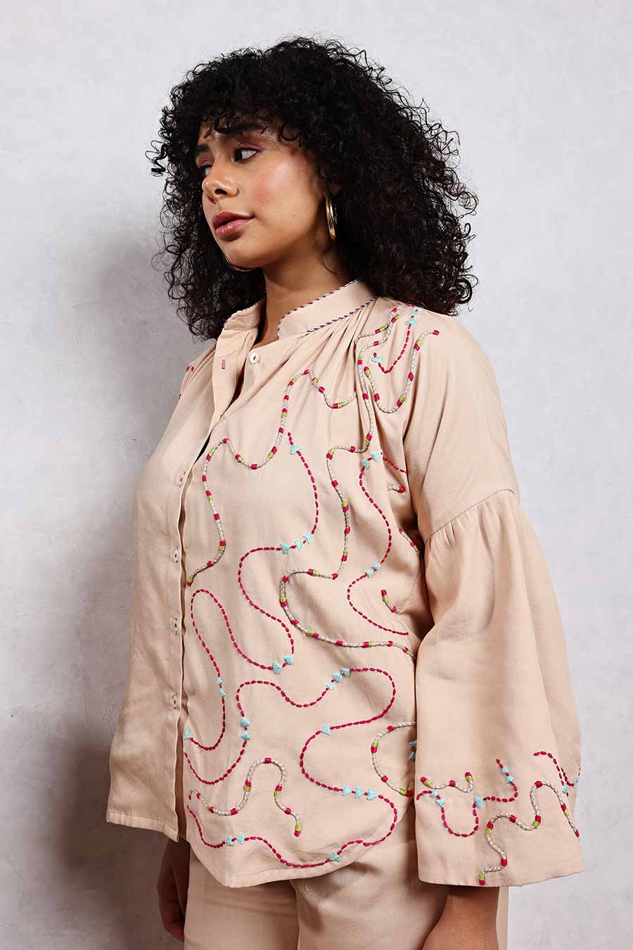 Beige Jute Embroidered Shirt & Pant Co-Ord Set