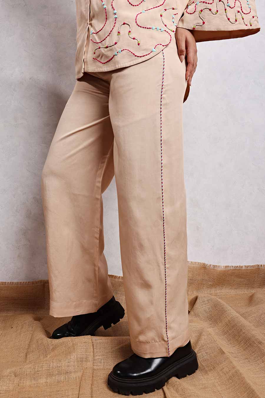 Beige Jute Embroidered Shirt & Pant Co-Ord Set