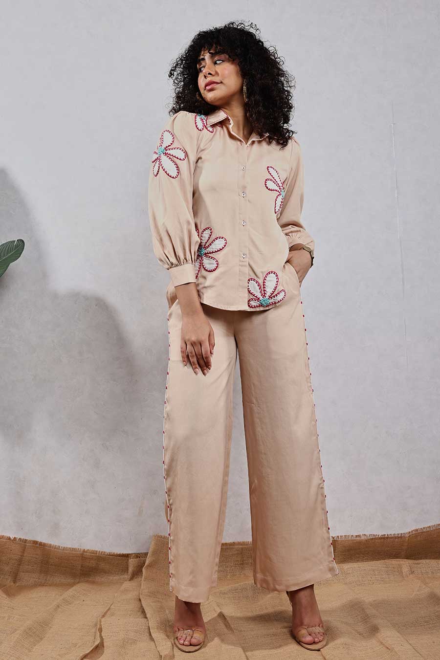 Beige Flower Applique Shirt & Pant Co-Ord Set