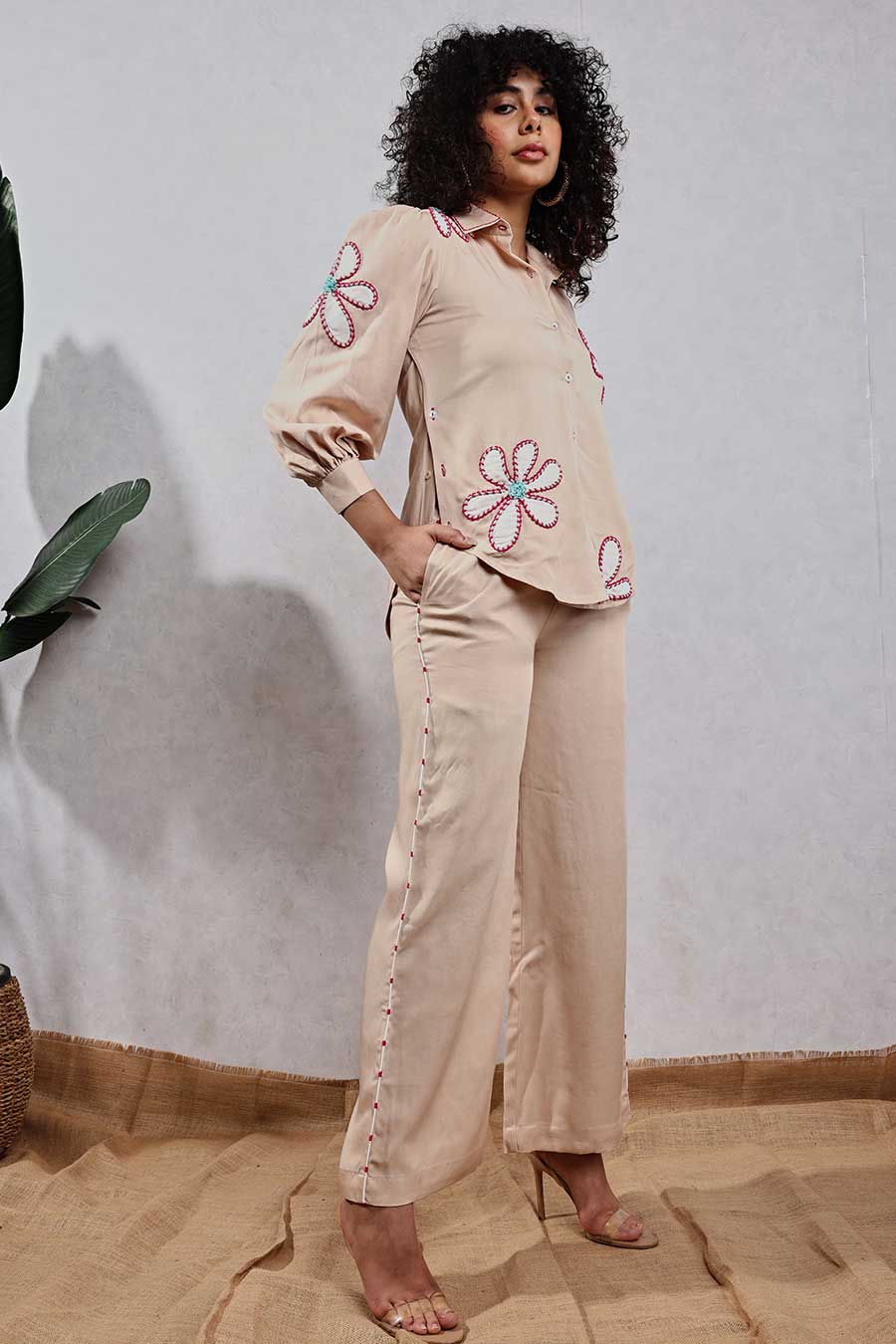 Beige Flower Applique Shirt & Pant Co-Ord Set