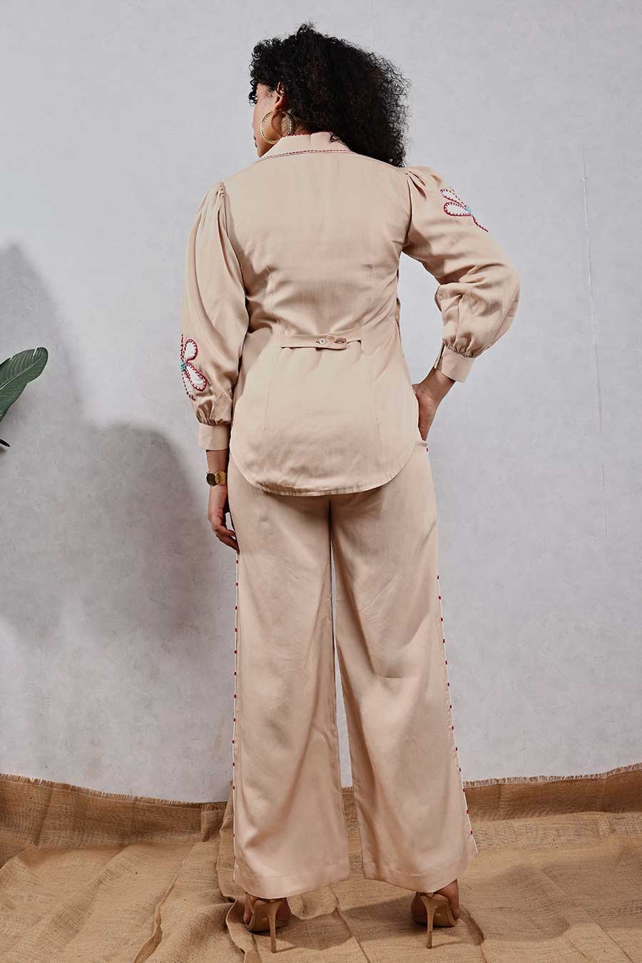 Beige Flower Applique Shirt & Pant Co-Ord Set