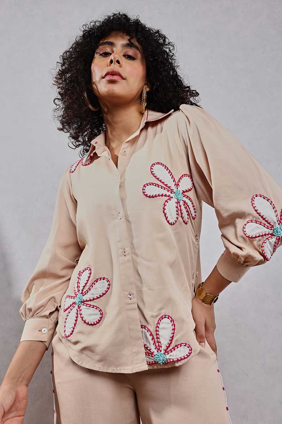 Beige Flower Applique Shirt & Pant Co-Ord Set