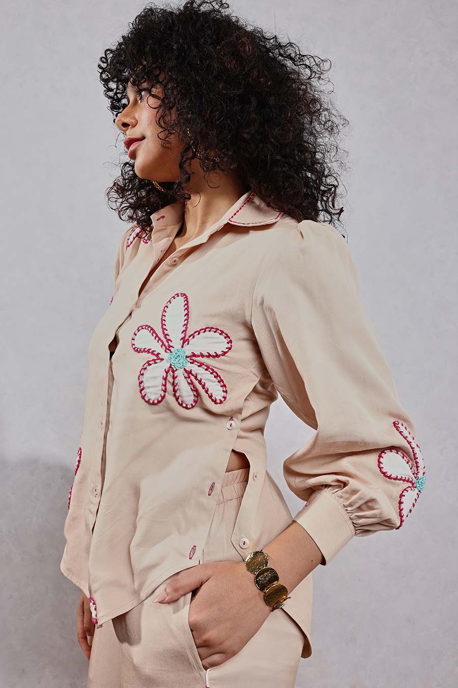 Beige Flower Applique Shirt & Pant Co-Ord Set
