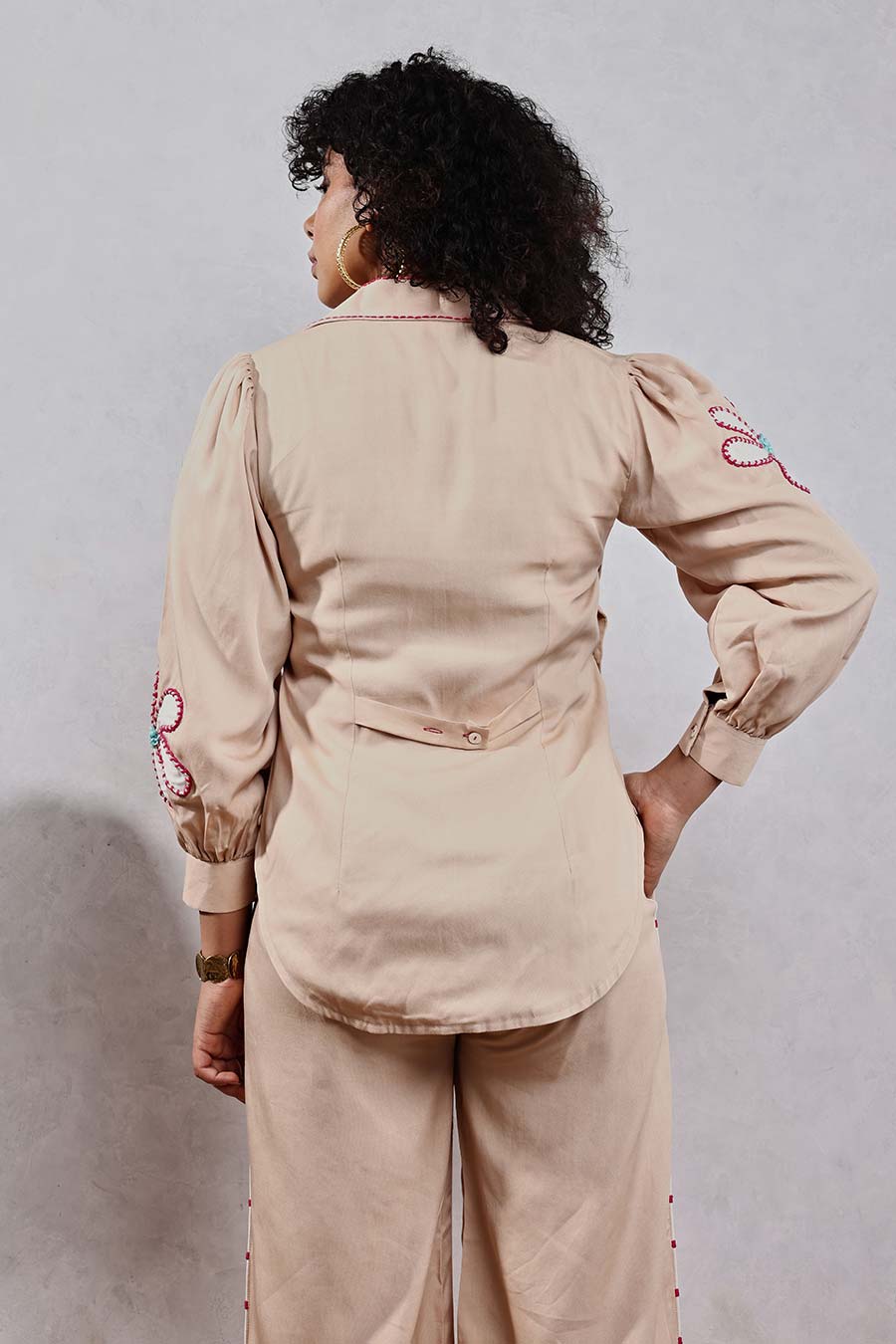 Beige Flower Applique Shirt & Pant Co-Ord Set