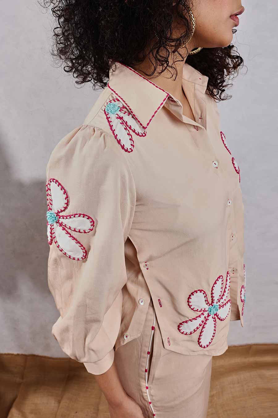 Beige Flower Applique Shirt & Pant Co-Ord Set
