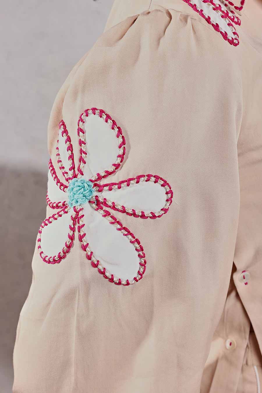 Beige Flower Applique Shirt & Pant Co-Ord Set