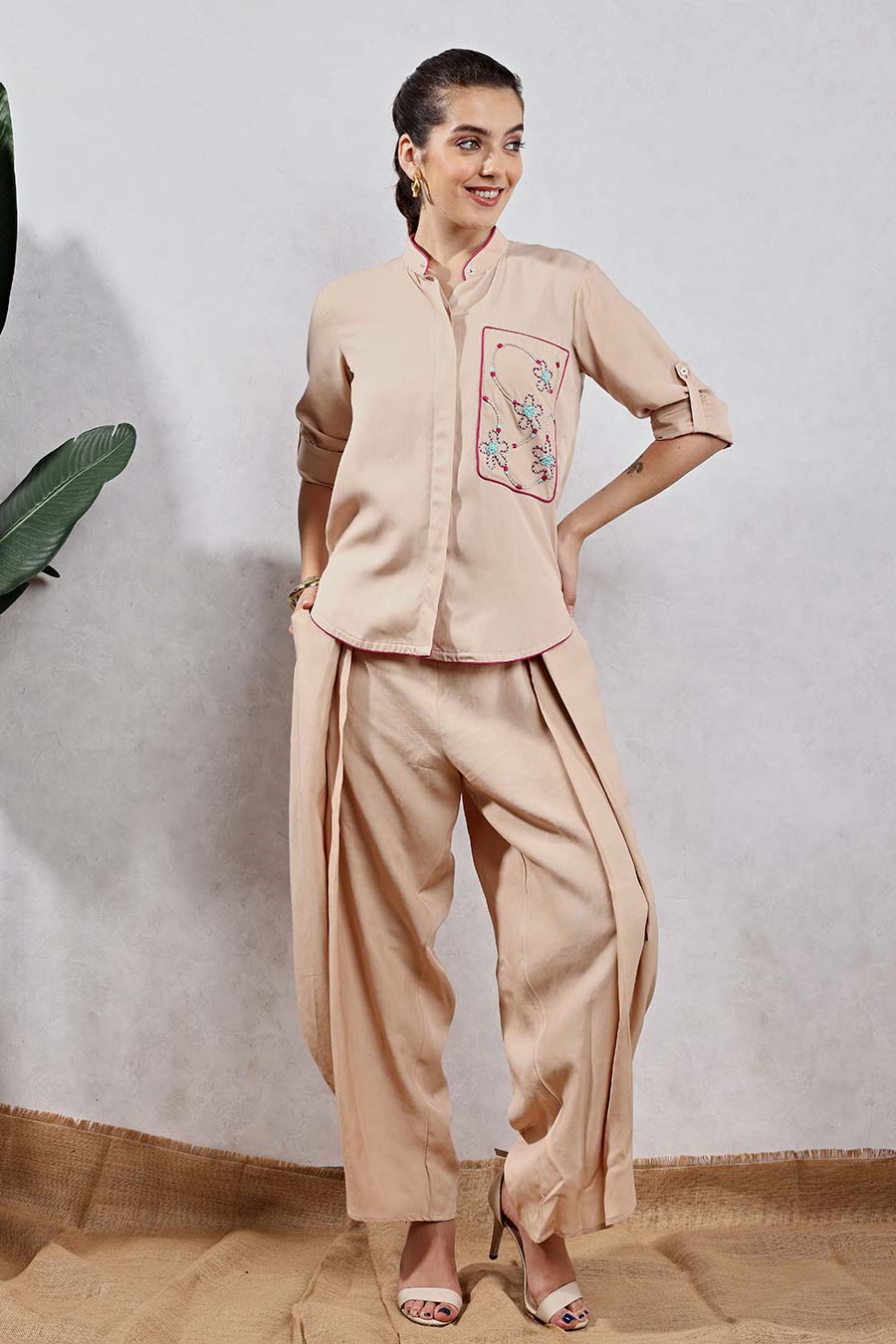 Beige Jute Embroidered Shirt & Drape Pant Co-Ord Set