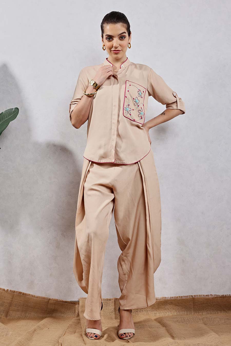 Beige Jute Embroidered Shirt & Drape Pant Co-Ord Set
