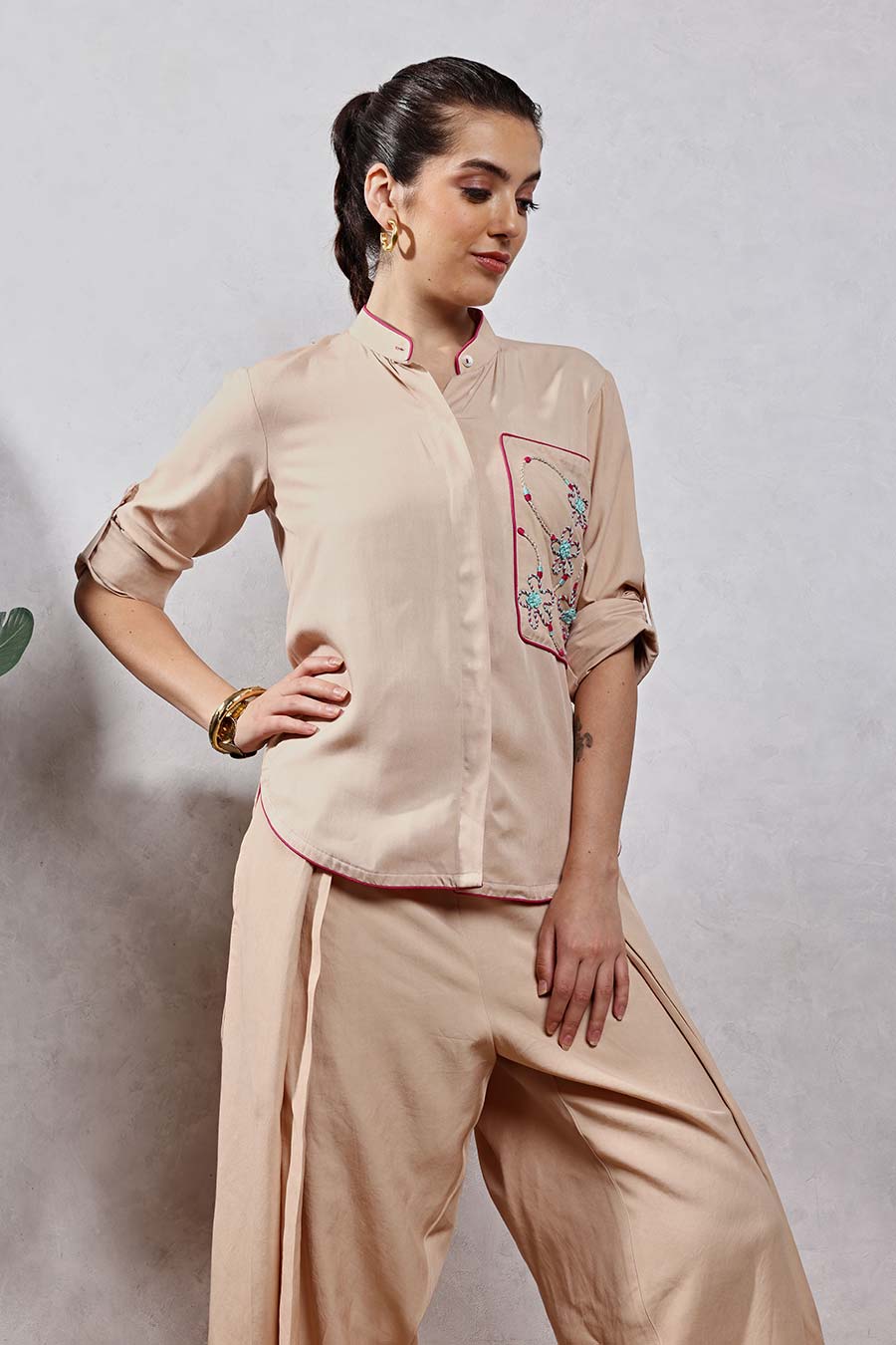 Beige Jute Embroidered Shirt & Drape Pant Co-Ord Set
