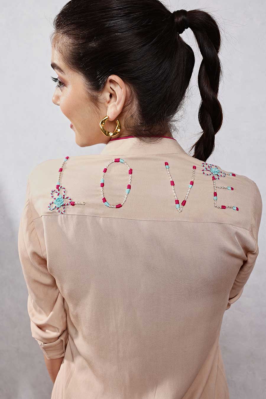 Beige Jute Embroidered Shirt & Drape Pant Co-Ord Set